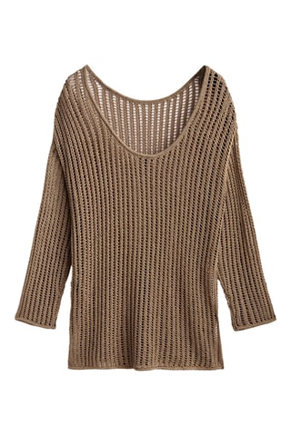 Pull long maille ajourée - Marron clair