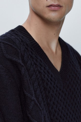 Pull maille torsadée avec de la laine col en V limited edition - Bleu marine