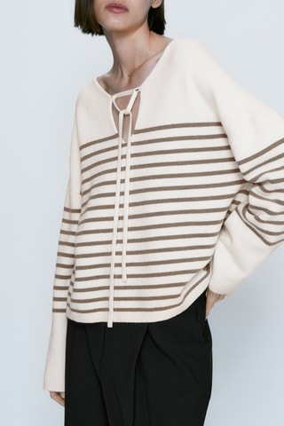 Pull rayé col polo lanières - Ecru et marron