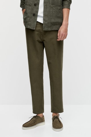 Faux jean en coton et lin tapered fit - Vert olive