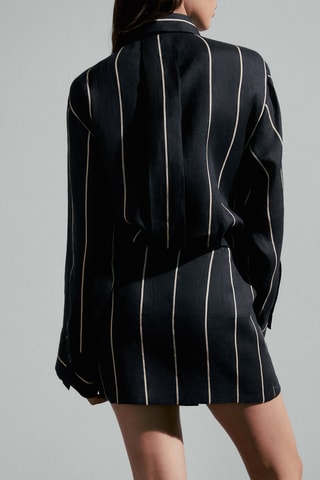 Robe chemise en lin rayures - Noir et beige
