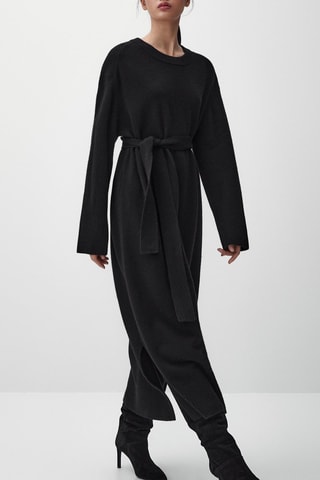Robe longue ceinture en laine et cachemire - Noir