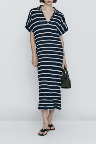 Robe polo rayures coton mélangé texturé - Bleu marine