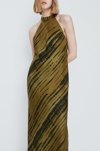 Robe longue imprimée encolure américaine - Vert olive et noir