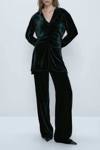 Blouse velours col en V - Vert foncé