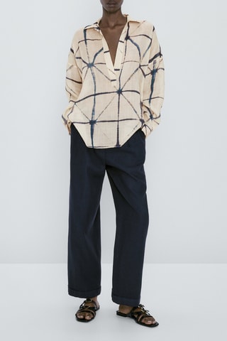 Chemise imprimée col polo 100 % ramie - Beige