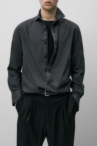 Chemise denim délavé coton coupe slim - Gris foncé