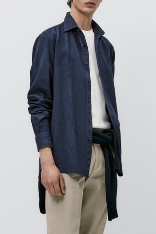 Chemise milleraies en lin mélangé avec du coton coupe slim - Bleu nuit