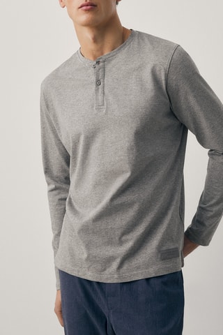 Pyjama pantalon motif chevrons et T-shirt col tunisien - Bleu et gris