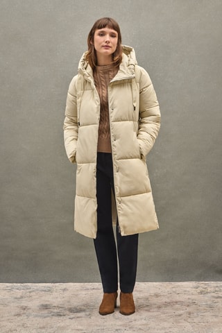 Lange gewatteerde jas met capuchon - Ecru