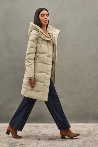 Lange gewatteerde jas met capuchon - Ecru
