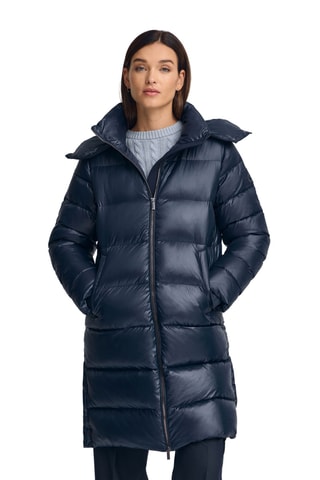 Lange gewatteerde jas met capuchon - Marineblauw