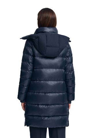 Lange gewatteerde jas met capuchon - Marineblauw