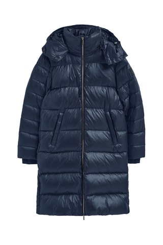 Lange gewatteerde jas met capuchon - Marineblauw