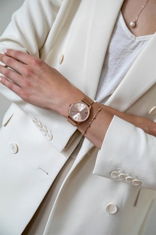 Estuche reloj de cuarzo de acero, diamante y pendientes y perlas finas Scarelett