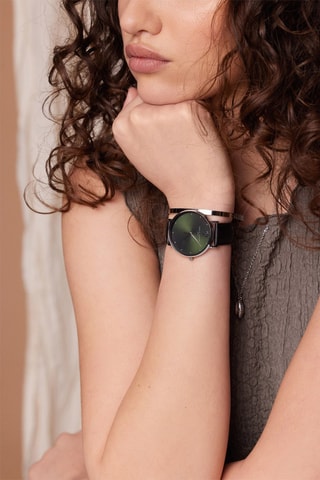 Reloj de cuarzo de piel Maya Bay - Negro y plateado