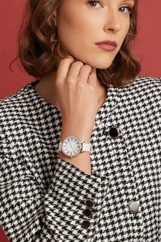 Reloj de cuarzo de piel bovina, nácar y circones Symphony - Blanco y plateado