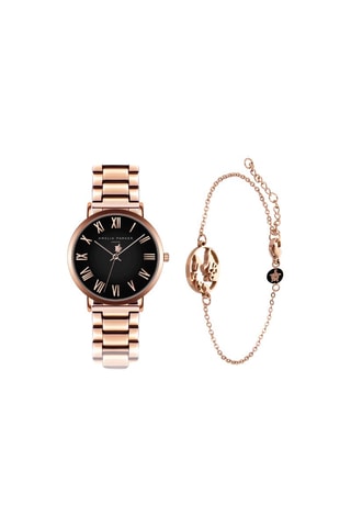 Estuche reloj de cuarzo de acero chapado en ion de oro rosa y pulsera Grand Noir