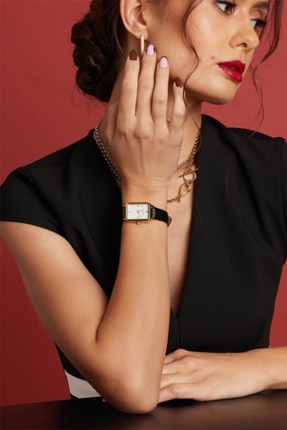 Reloj de cuarzo de piel bovina y nácar Champagne - Negro y dorado