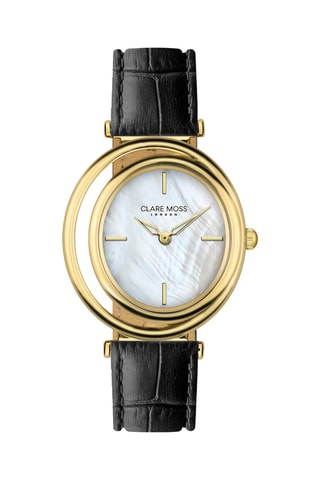 Reloj de cuarzo de piel bovina y nácar Clare Pearl - Negro y dorado