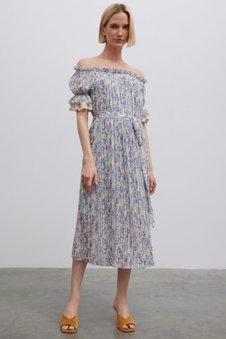 Vestido plissado - Branco e azul