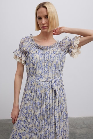 Vestido plissado - Branco e azul