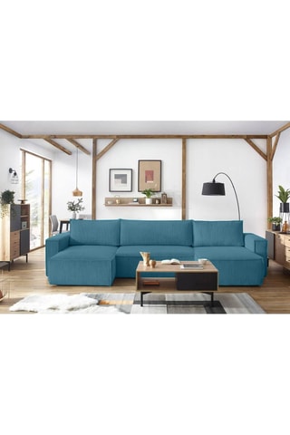 Canapé d'angle panoramique convertible Nihad - Bleu canard - Couchage 328 x 139 cm