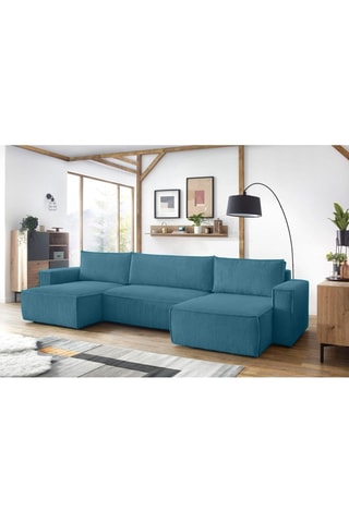 Canapé d'angle panoramique convertible Nihad - Bleu canard - Couchage 328 x 139 cm