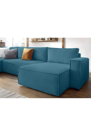 Canapé d'angle panoramique convertible Nihad - Bleu canard - Couchage 328 x 139 cm