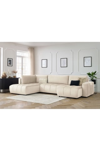 Canapé d'angle droit panoramique convertible Arsene - Beige - Couchage 135 x 325 cm