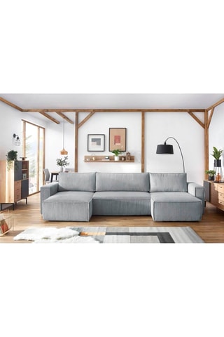Canapé d'angle panoramique convertible Nihad - Gris clair - Couchage 328 x 139 cm