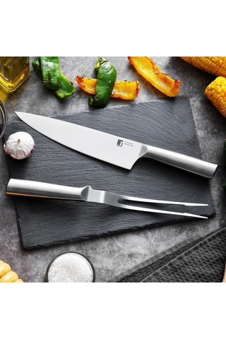 Faca chefe e garfo para fatiar em aço inoxidável