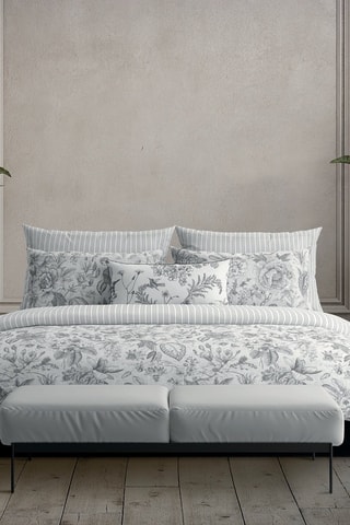 Parure copripiumino in raso di cotone 80 fili/cm² Fleurs esquissées - Bianco e grigio