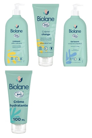 Pack liniment oléo-calcaire Bio, crème change bio, gel lavant corps et cheveux bio et crème hydratante bio