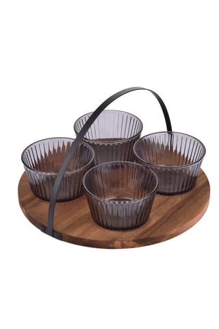 4 Kommen en Acaciahouten Dienblad - 5-Delig
