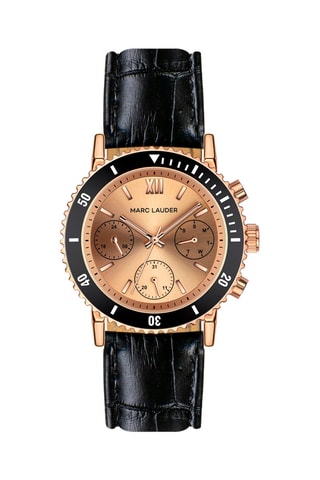 Reloj de cuarzo de piel Granada - Función GMT - Negro y rosa dorado