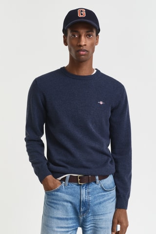 Camisola regular em lã mérino - Azul-marinho