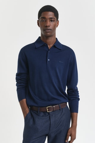 Polo regular em lã merino - Azul-marinho