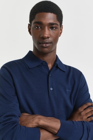 Polo regular em lã merino - Azul-marinho