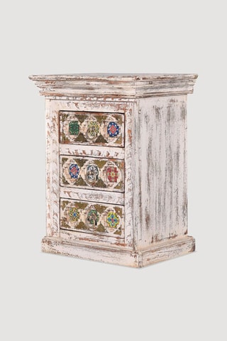 Table d'appoint 3 tiroirs en manguier, bronze et céramique - 45 x 60 x 35 cm