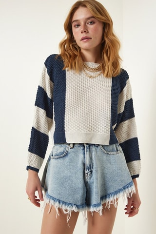 Camisola regular - Creme e azul marine