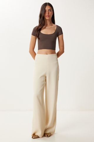 Calças wide legs cintura subida - Nude