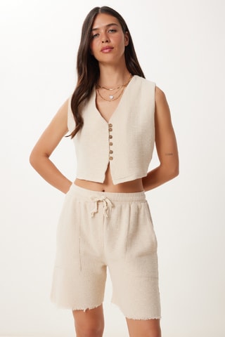 Casaco de malha curto e calções de linho - Nude