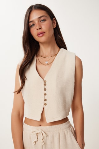 Casaco de malha curto e calções de linho - Nude