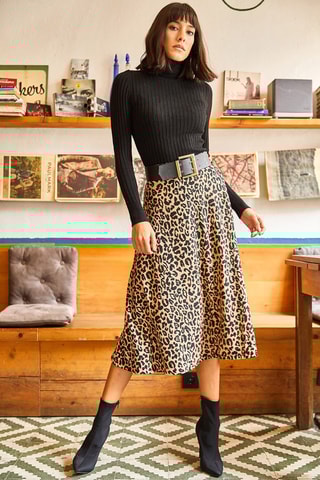 Saia midi de cintura subida - Bege