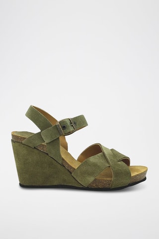 Nubuck Sandalen met Sleehak - Kaki