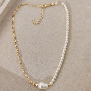 Collar - Latón chapado en oro y perlas - Blanco