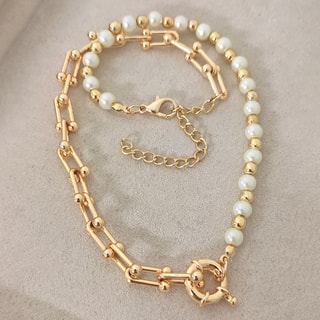 Collar - Latón chapado en oro y perlas