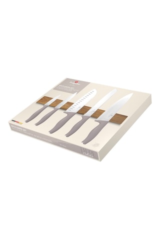 Bloque de 5 piezas de acero inoxidable y acacia Taupe Collection