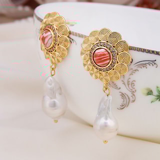 Pendientes - Latón chapado en oro, variscitas y perla